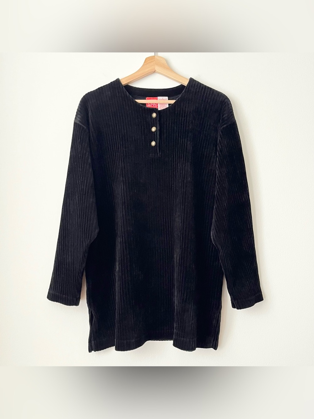Vintage Liz & Co. Women's Black Velvet Ribbed Corduroy Henley Top Tunic Size L